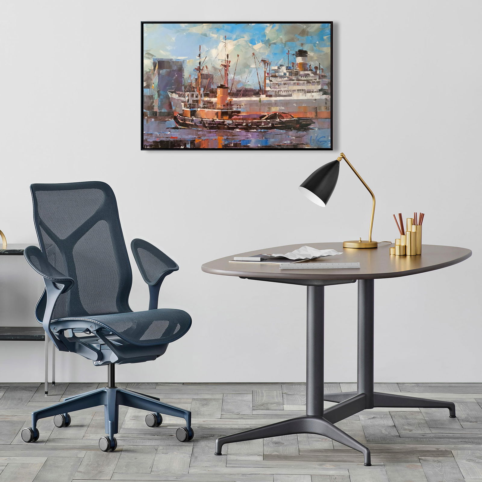 Oil painting Cargo ship and tugboat Volodymyr Gluhomanyuk - 4