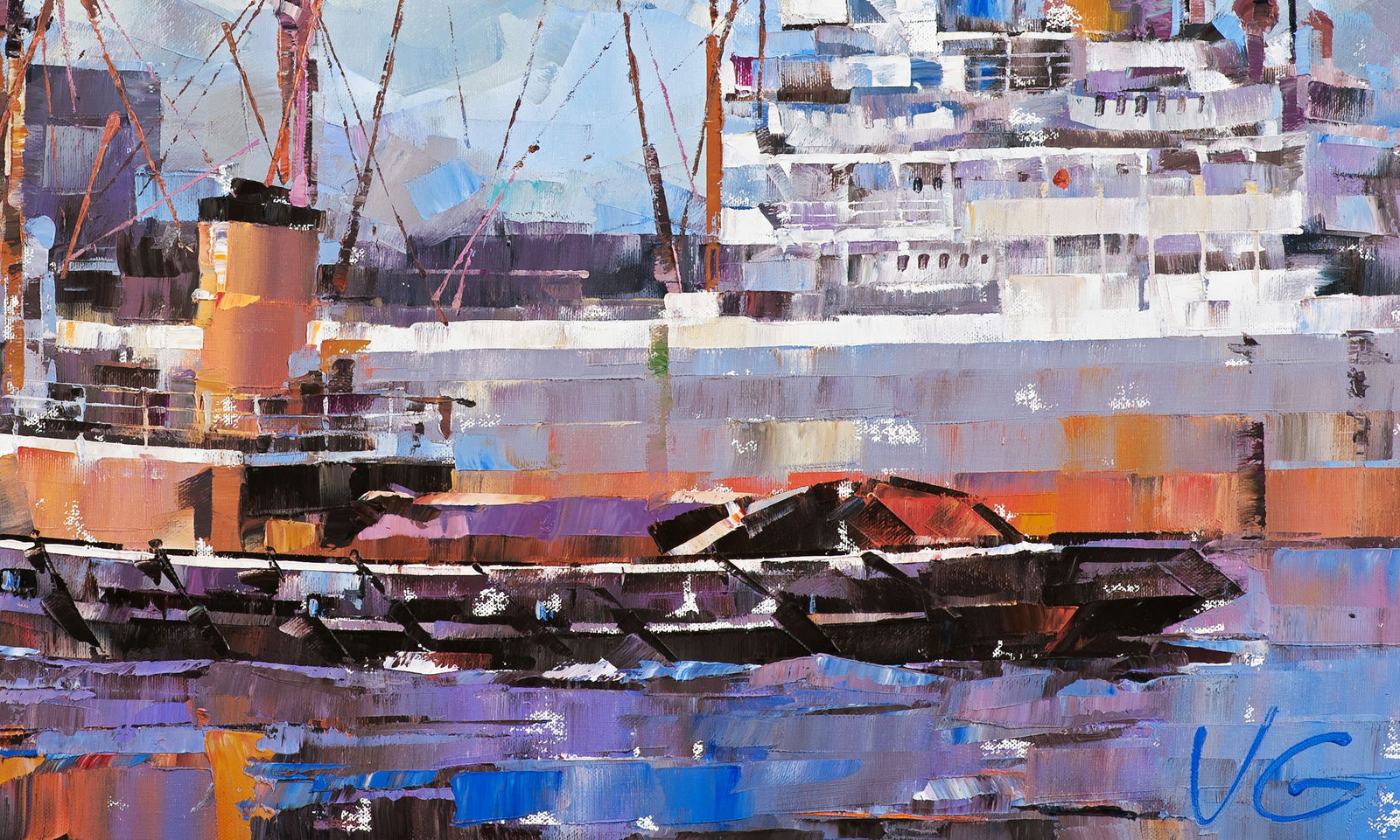 Oil painting Cargo ship and tugboat Volodymyr Gluhomanyuk - 8
