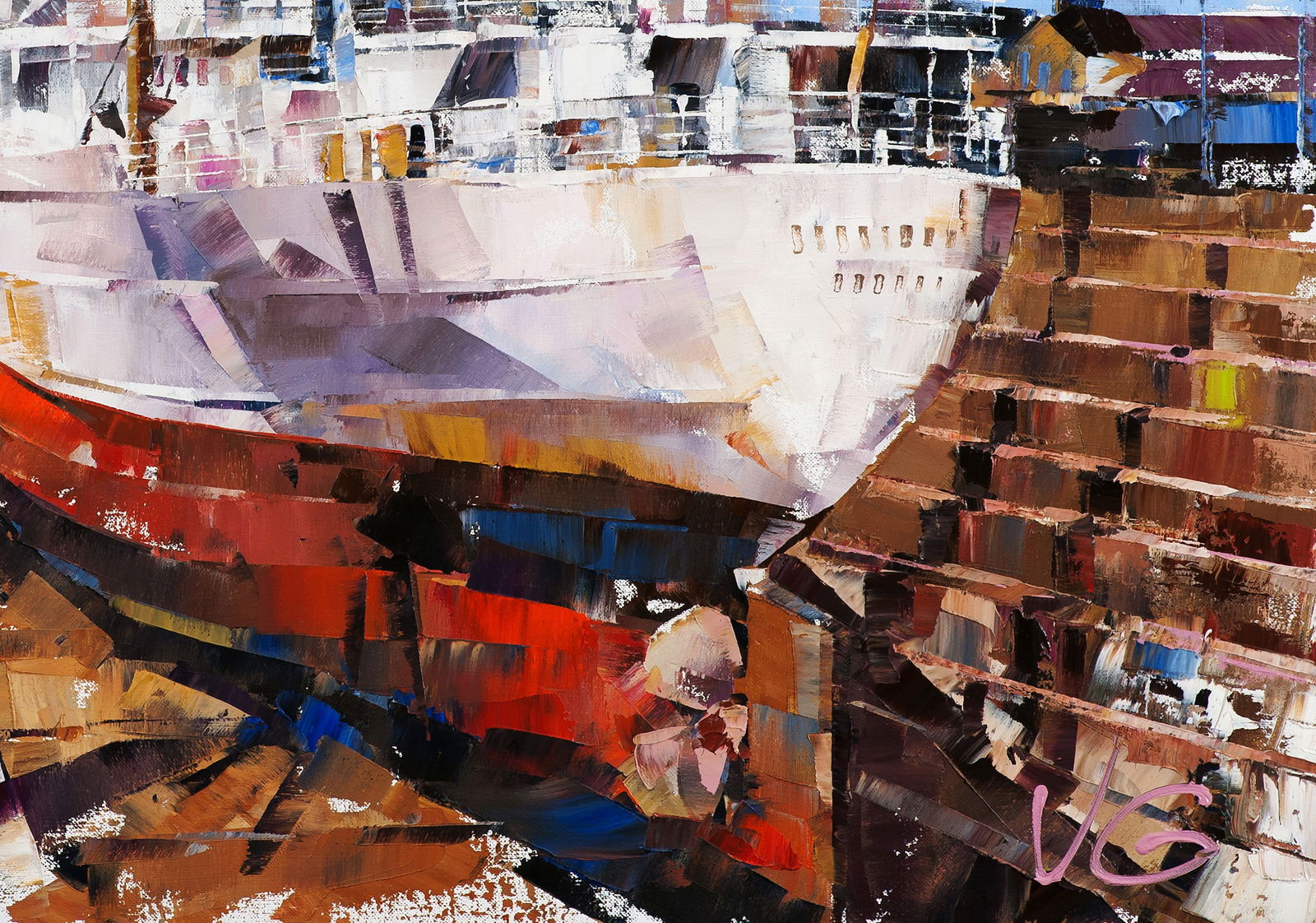 Oil painting Cargo ship Turrialba in Southampton drydock Volodymyr Gluhomanyuk - 8