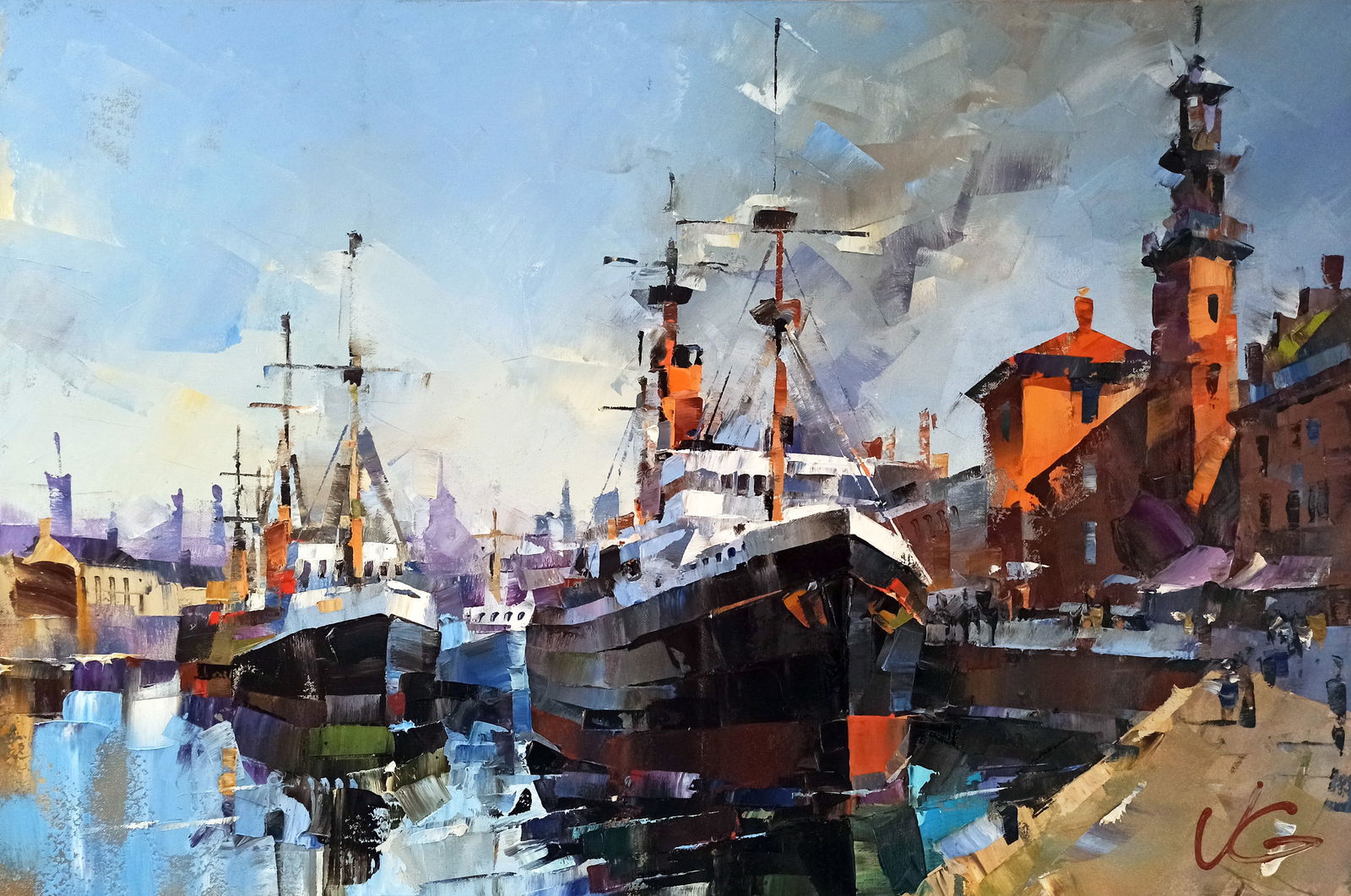 Oil painting Morning bustle Volodymyr Gluhomanyuk: Title: Oil painting Morning bustle Volodymyr Gluhomanyuk Description: 59GLUX Painter: Volodymyr Gluhomanyuk Size: 60x90 cm/23.62x35.43 inches Components: oil, canvas Original painting - series Golden