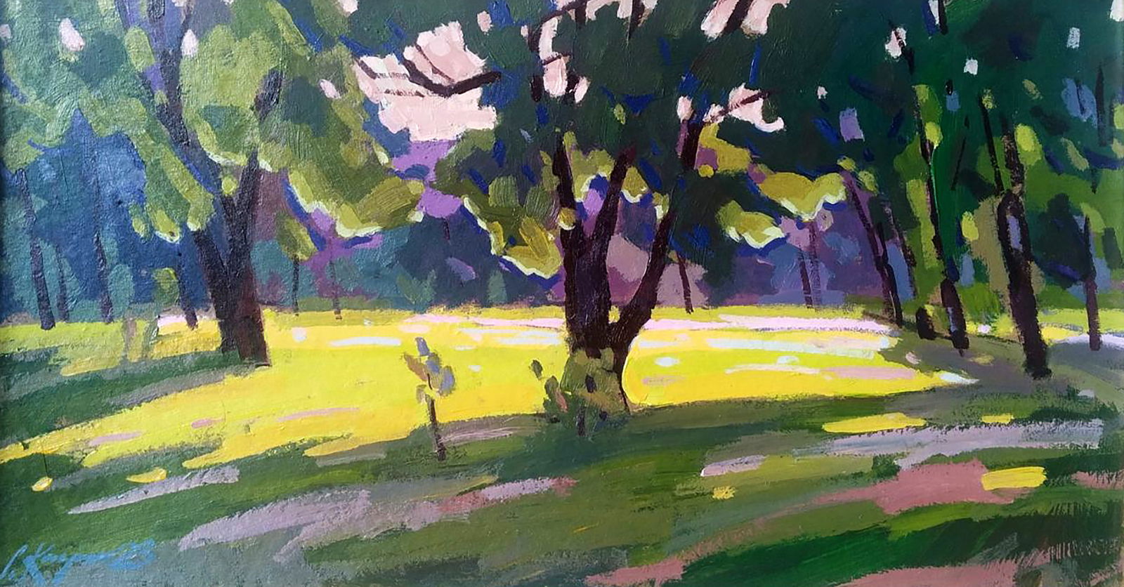 Acrylic painting In the park Serhii Kachyn: Title: Acrylic painting In the park Serhii Kachyn Description: 1KACH Painter: Serhii Kachyn Size: 32x59 cm/12.59x23.22 inches Components: acrylic, cardboard Original painting CONDITION: excellent 