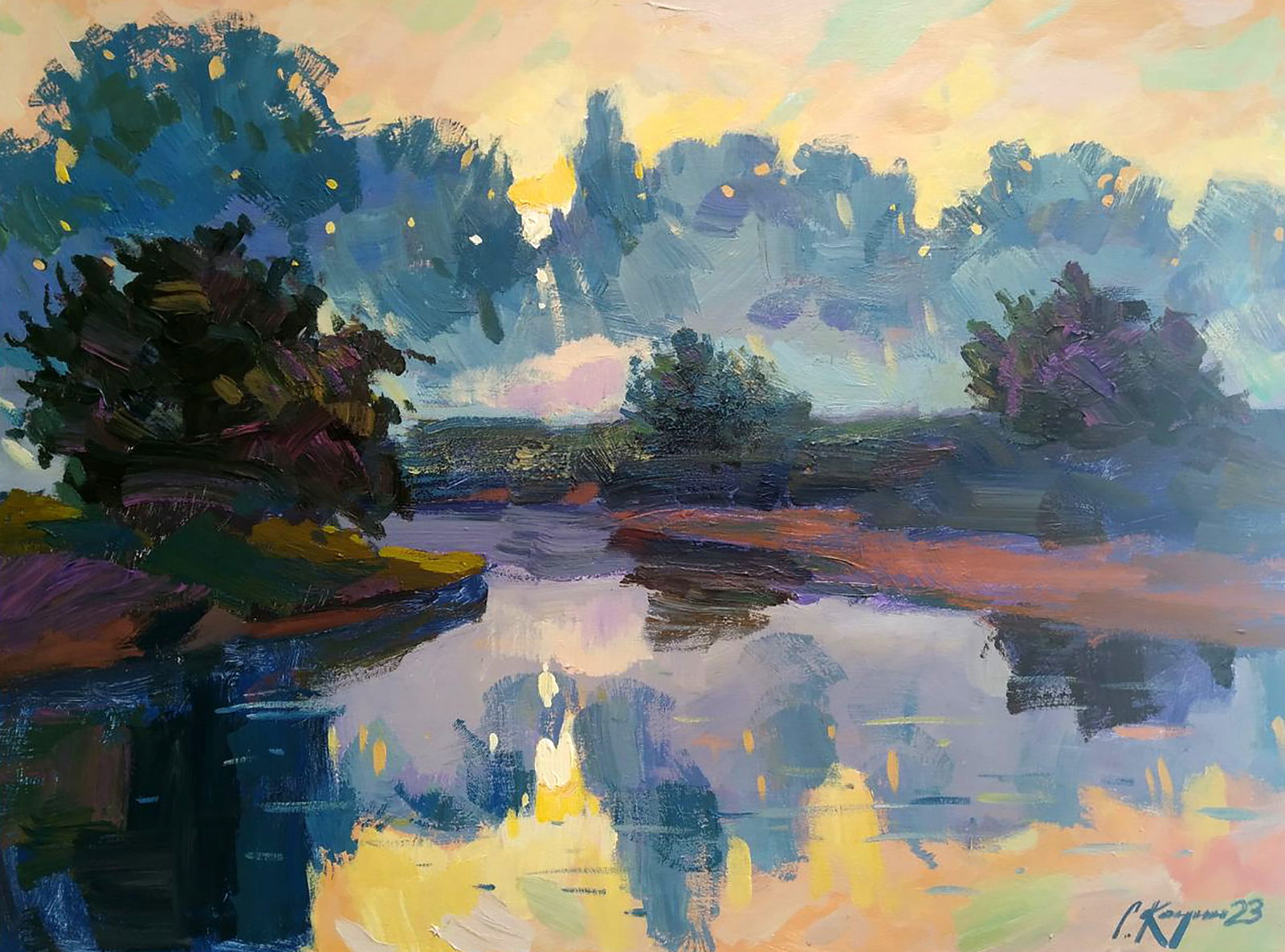 Acrylic painting Dawn with fog Serhii Kachyn: Title: Acrylic painting Dawn with fog Serhii Kachyn Description: 27KACH Painter: Serhii Kachyn Size: 60x80 cm/23.62x31.49 inches Components: acrylic, canvas Original painting CONDITION: excellent ARTI