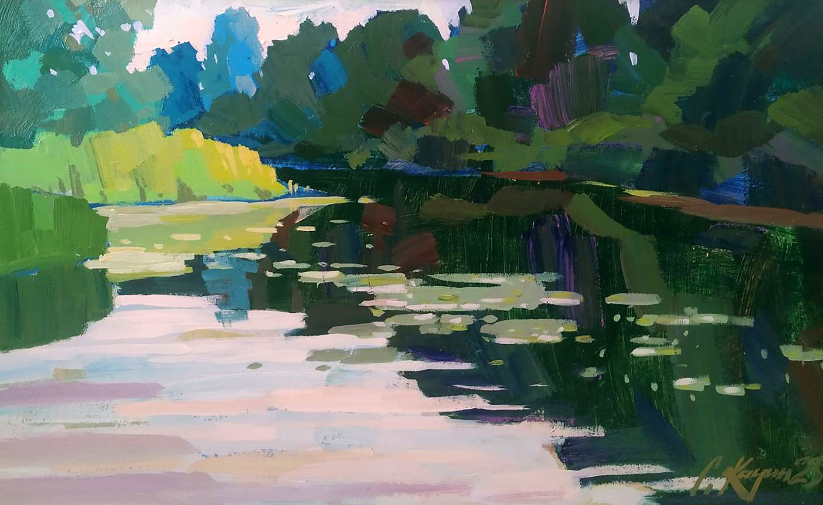 Acrylic painting Clouds over the river Serhii Kachyn: Title: Acrylic painting Clouds over the river Serhii Kachyn Description: 29KACH Painter: Serhii Kachyn Size: 40x65 cm/15.74x25.59 inches Components: acrylic, dvp Original painting CONDITION: excellent