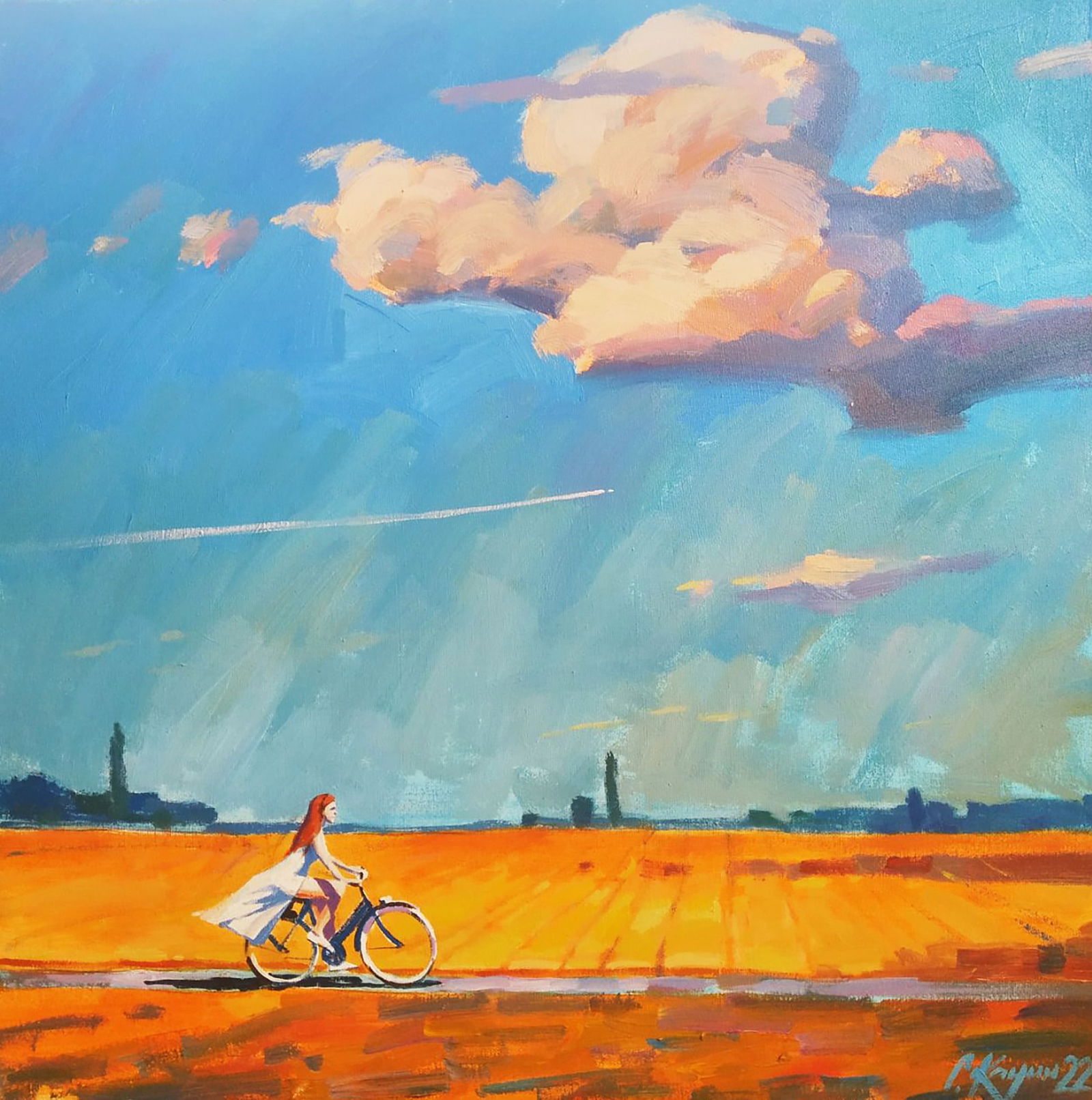 Acrylic painting A walk on the bike Serhii Kachyn: Title: Acrylic painting A walk on the bike Serhii Kachyn Description: 41KACH Painter: Serhii Kachyn Size: 80x80 cm/31.49x31.49 inches Components: acrylic, canvas Original painting CONDITION: