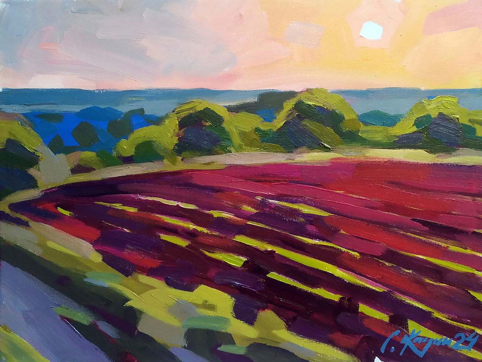 Acrylic painting Warm evening in the field Serhii Kachyn: Title: Acrylic painting Warm evening in the field Serhii Kachyn Description: 42KACH Painter: Serhii Kachyn Size: 45x60 cm/17.71x23.62 inches Components: acrylic, canvas Original painting CONDITION: ex