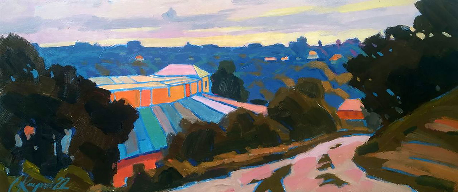 Acrylic painting Quiet evening in the city Serhii Kachyn: Title: Acrylic painting Quiet evening in the city Serhii Kachyn Description: 43KACH Painter: Serhii Kachyn Size: 30x70 cm/11.81x27.55 inches Components: acrylic, canvas Original painting CONDITION: ex