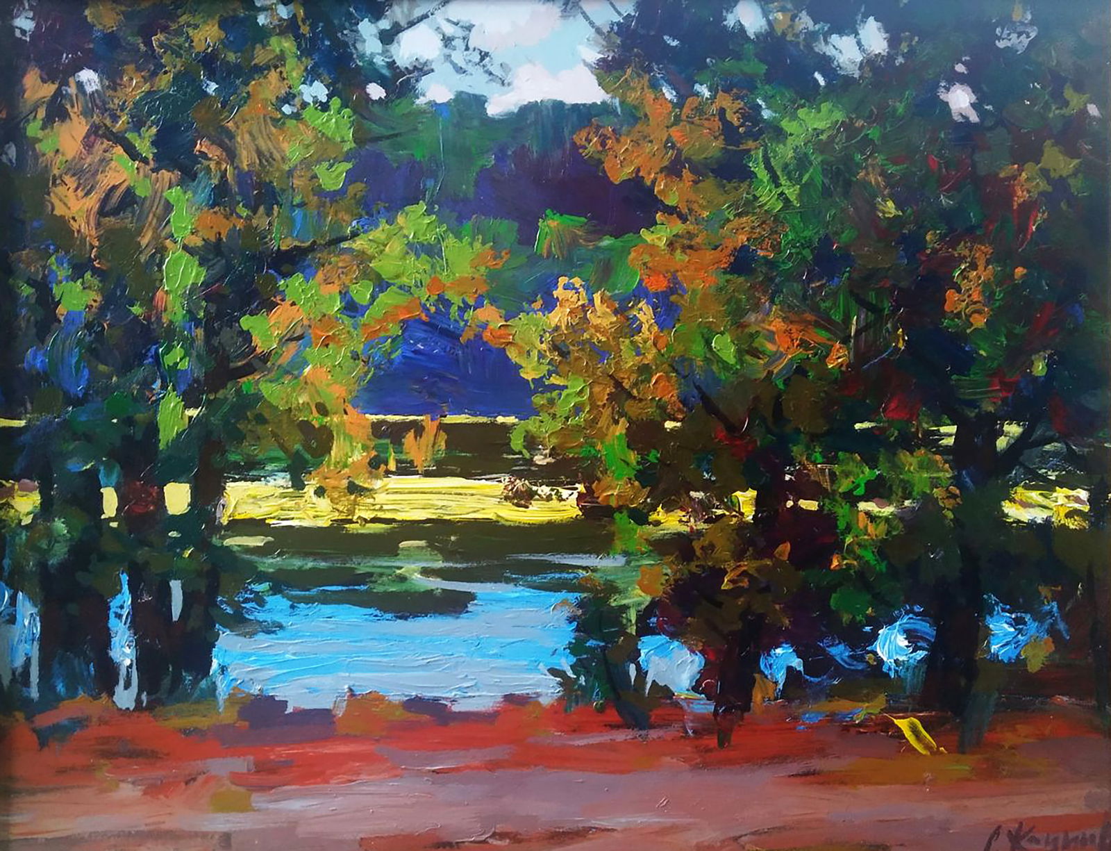 Acrylic painting By the river Serhii Kachyn: Title: Acrylic painting By the river Serhii Kachyn Description: 45KACH Painter: Serhii Kachyn Size: 70x90 cm/27.55x35.43 inches Components: acrylic, dvp Original painting CONDITION: excellent ARTIST: