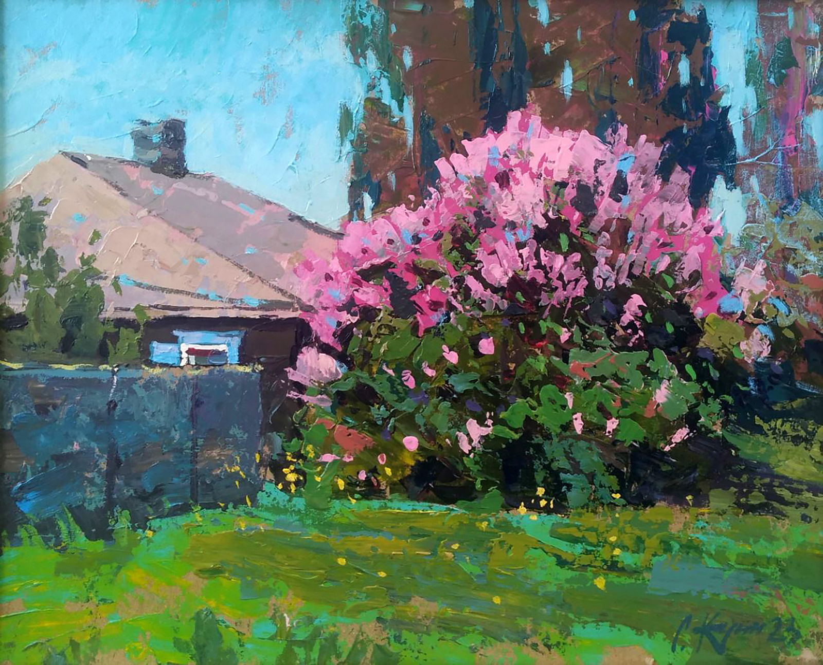 Acrylic painting Lilac blooms in the yard Serhii Kachyn: Title: Acrylic painting Lilac blooms in the yard Serhii Kachyn Description: 49KACH Painter: Serhii Kachyn Size: 40x50 cm/15.74x19.68 inches Components: acrylic, cardboard Original painting CONDITION: