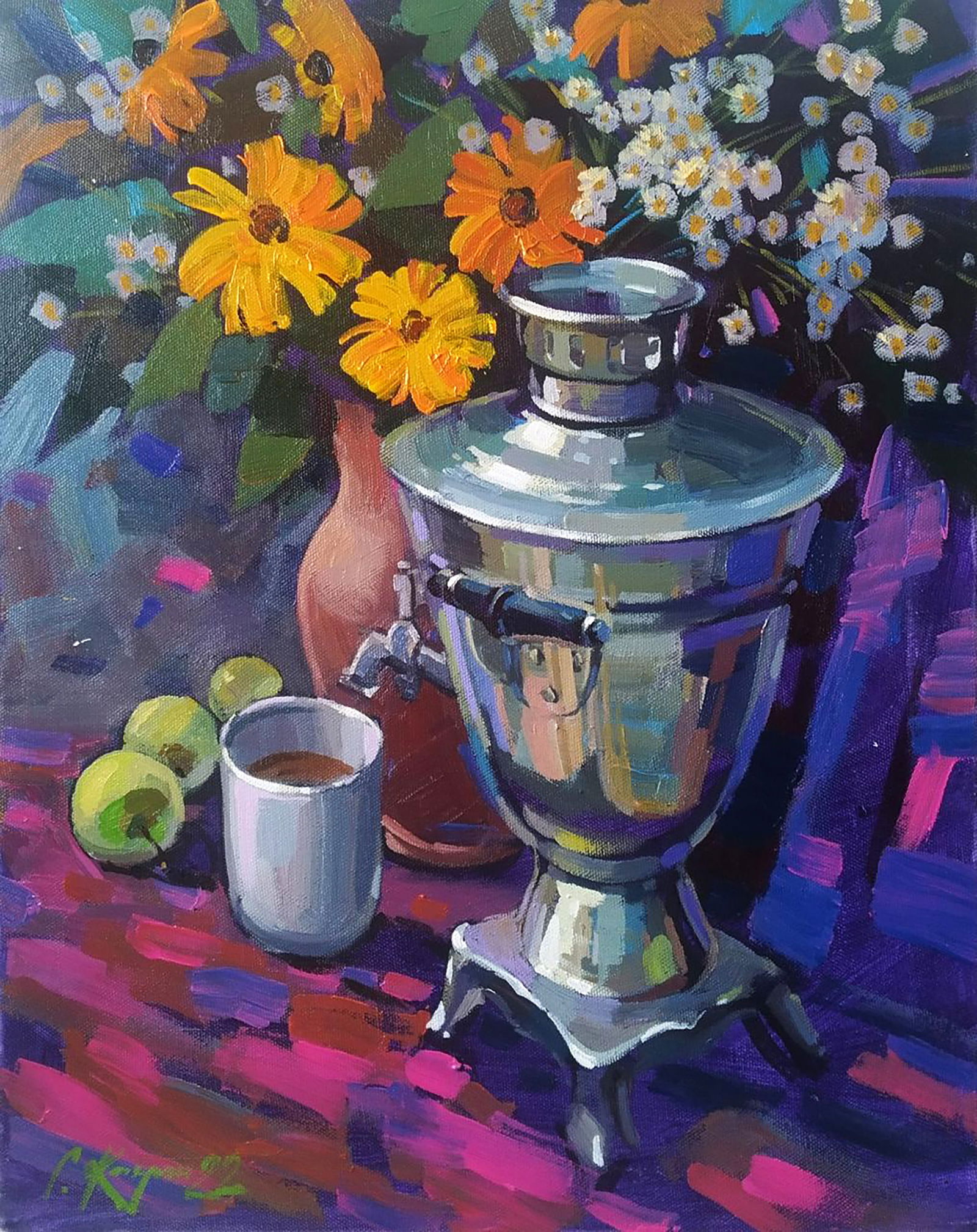Acrylic painting Flower tea Serhii Kachyn: Title: Acrylic painting Flower tea Serhii Kachyn Description: 50KACH Painter: Serhii Kachyn Size: 70x55 cm/27.55x21.65 inches Components: acrylic, canvas Original painting CONDITION: excellent ARTIST: