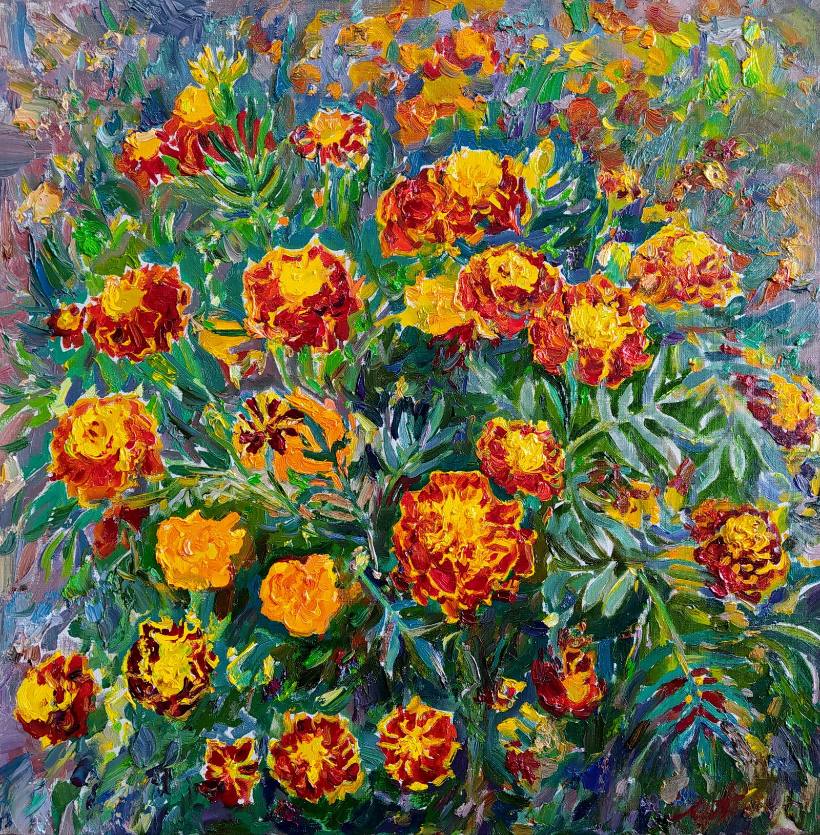 Oil painting Marigold Leonid Pavlenko: Title: Oil painting Marigold Leonid Pavlenko Description: 4PAVL Painter: Leonid Pavlenko Size: 50x50 cm/19.68x19.68 inches Components: oil, canvas Original painting CONDITION: excellent ARTIST: Born o