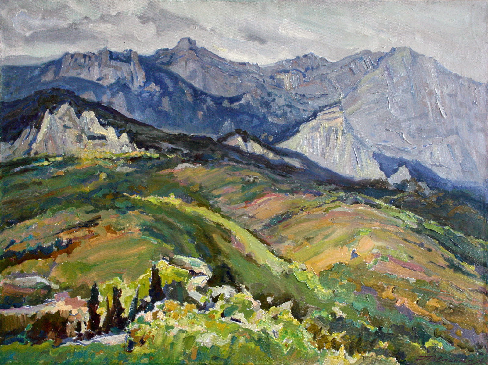 Oil painting With mountain views Leonid Pavlenko: Title: Oil painting With mountain views Leonid Pavlenko Description: 17PAVL Painter: Leonid Pavlenko Size: 60x90 cm/23.62x35.43 inches Components: oil, canvas Original painting CONDITION: excellent AR