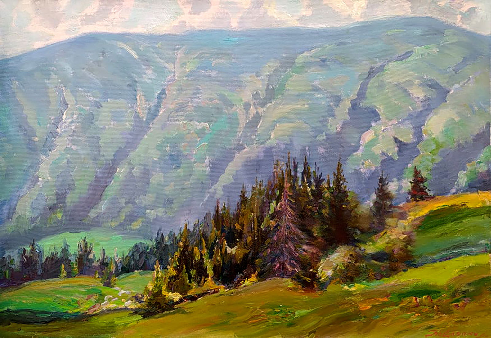 Oil painting The majesty of the forest mountains Leonid Pavlenko: Title: Oil painting The majesty of the forest mountains Leonid Pavlenko Description: 23PAVL Painter: Leonid Pavlenko Size: 55x80 cm/21.65x31.49 inches Components: oil, canvas Original painting CONDITI