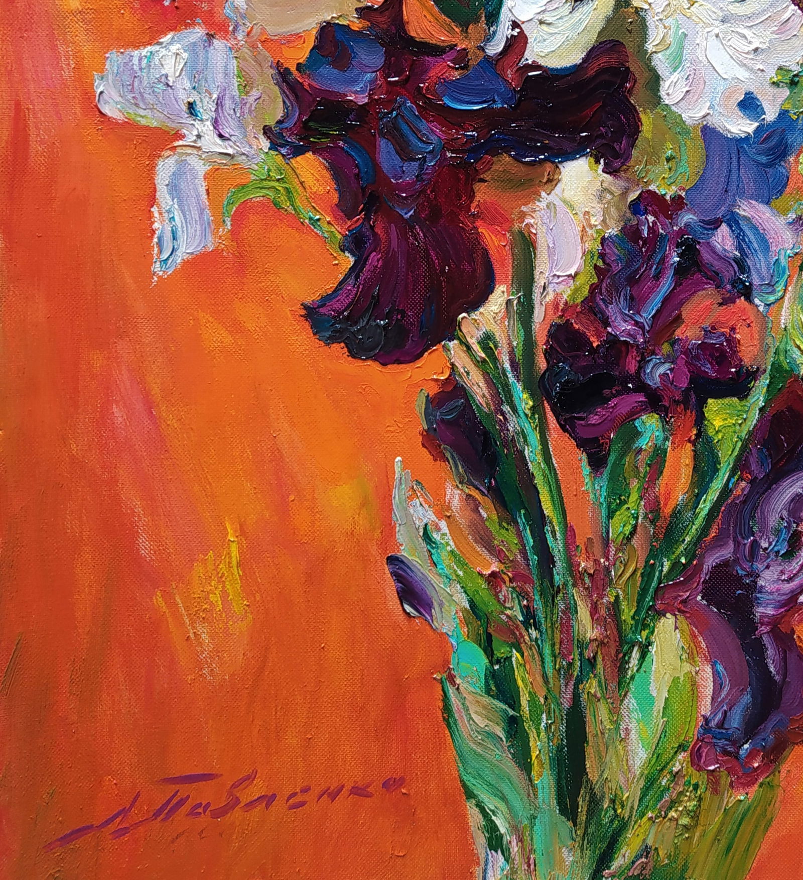 Oil painting Irises on red Leonid Pavlenko - 4