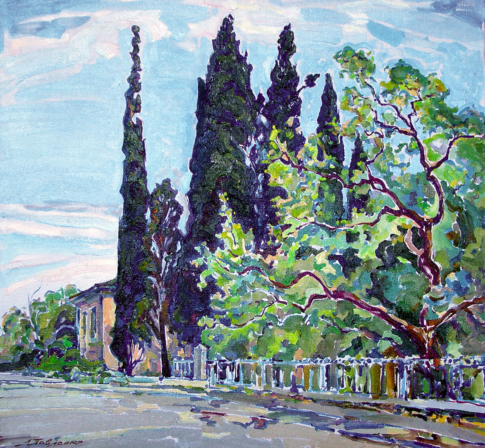 Oil painting Landscape with cypress trees Leonid Pavlenko: Title: Oil painting Landscape with cypress trees Leonid Pavlenko Description: 65PAVL Painter: Leonid Pavlenko Size: 65x70 cm/25.59x27.55 inches Components: oil, canvas Original painting CONDITION: