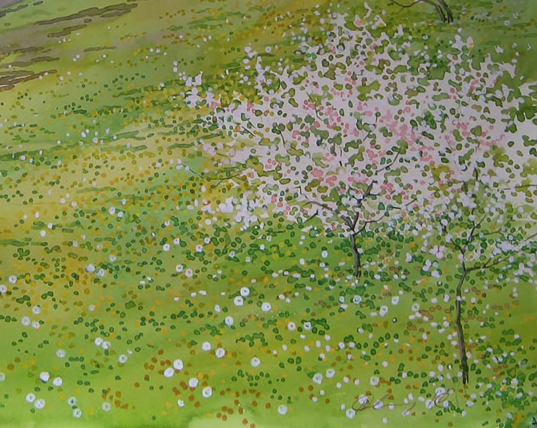 Watercolor painting Trees bloom near the shore Valery Savenets - 2