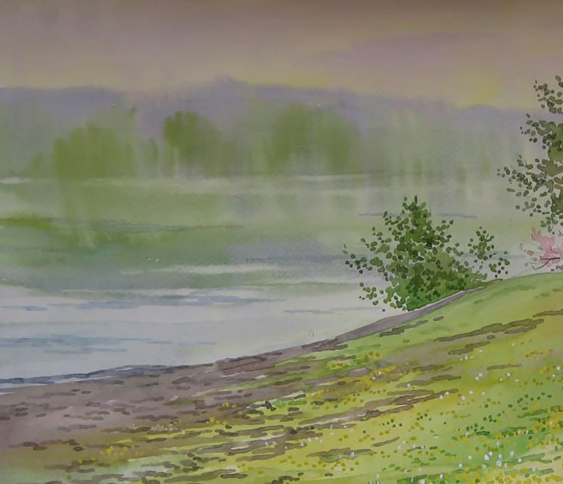 Watercolor painting Trees bloom near the shore Valery Savenets - 4