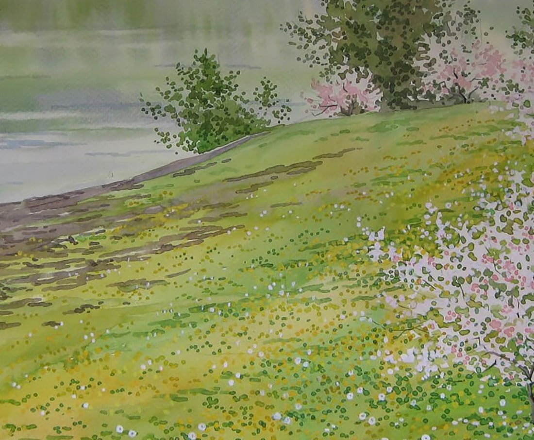 Watercolor painting Trees bloom near the shore Valery Savenets - 6