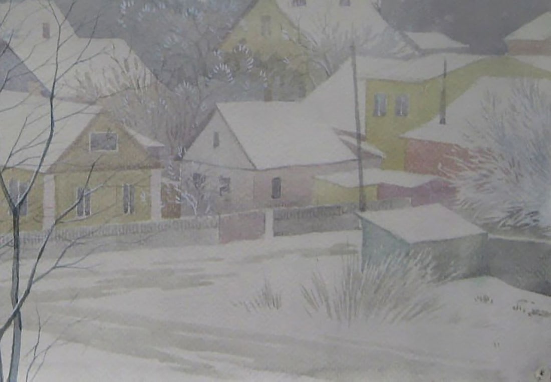 Watercolor painting Snowy morning city Valery Savenets - 2