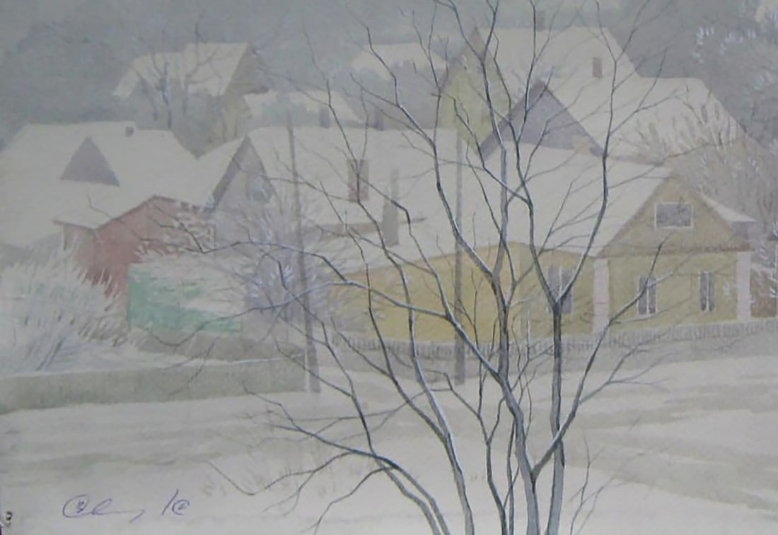 Watercolor painting Snowy morning city Valery Savenets - 3