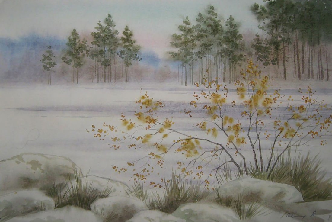 Watercolor painting Winter forest Valery Savenets: Title: Watercolor painting Winter forest Valery Savenets Description: NoSav 400 *** ABOUT THIS PAINTING *** * TITLE: "Winter forest" * ARTISTS: Valery Savenets * SIZE: 30x45 cm/'11.81x17.71 inches'