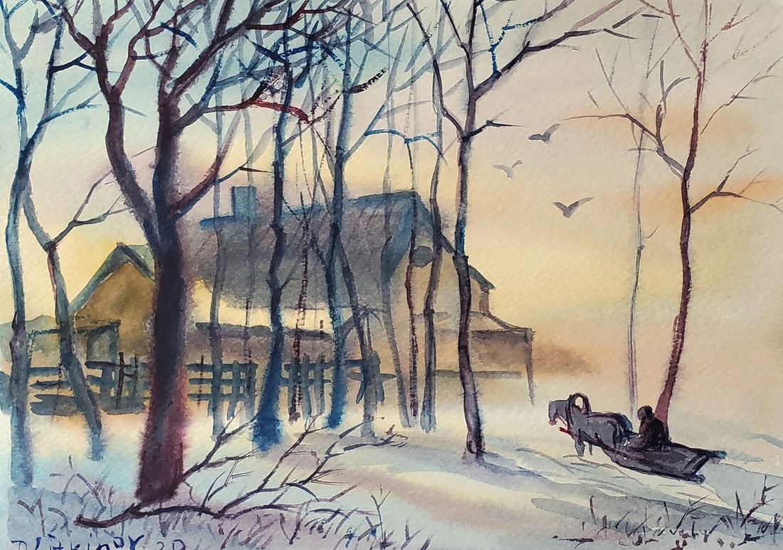 Watercolor painting Winter evening Daniil Litvinov (1 of 6)