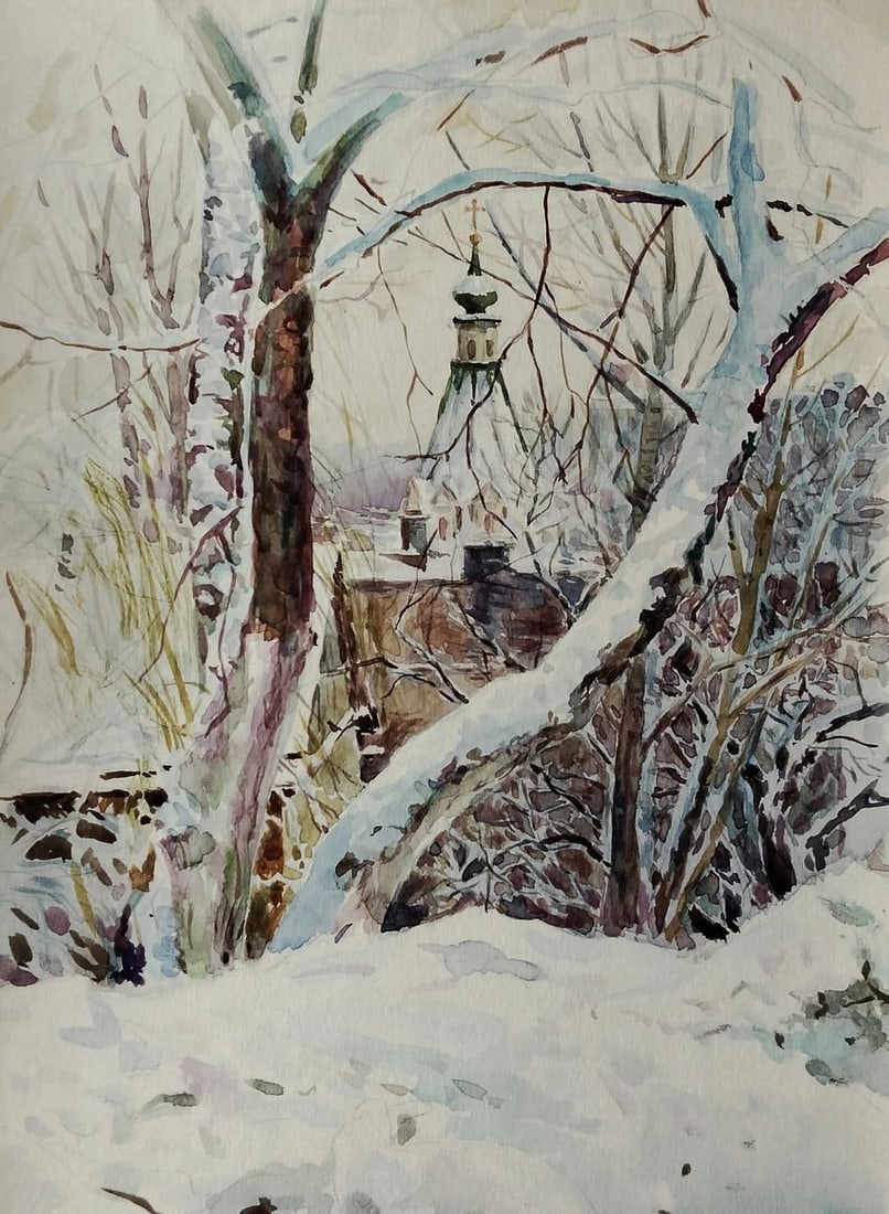 Watercolor painting Winter Church Vitaly Duhnevich: Title: Watercolor painting Winter church Vitaly Duhnevich Description: NoDuhn 88 *** ABoUT THIS PAINTING *** * TITLE: "Winter church" * ARTISTS: Vitaly Duhnevich * SIZE: 20x29 cm/'7.87x11.41 inches' *