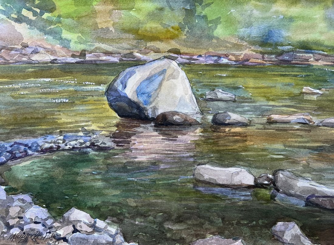 Watercolor painting On a rod V. Mishurovsky: Title: Watercolor painting On a rod V. Mishurovsky Description: No202 "On a Rod" by Viktor Myshurovsky is a serene and contemplative depiction of a river scene. The central focus of the painting is a