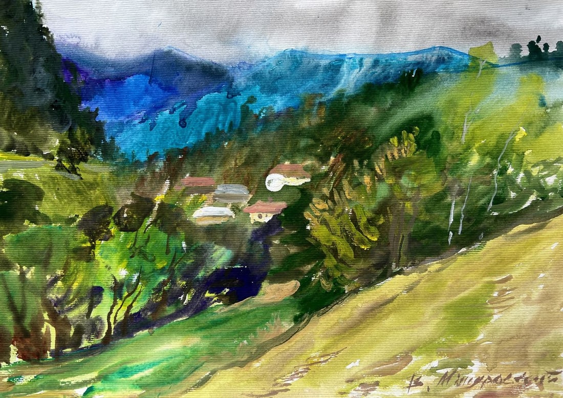 Gouache painting Bagrivets tract V. Mishurovsky: Title: Gouache painting Bagrivets tract V. Mishurovsky Description: No204 "Bagrivets Tract" is a vivid and dynamic watercolor painting by Ukrainian artist Viktor Myshurovsky. This work captures a pict