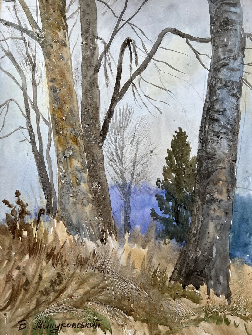 Watercolor painting Autumn trunks V. Mishurovsky: Title: Watercolor painting Autumn trunks V. Mishurovsky Description: No206 "Autumn Trunks" is a contemplative watercolor painting by renowned Ukrainian artist Viktor Myshurovsky. This artwork focuses