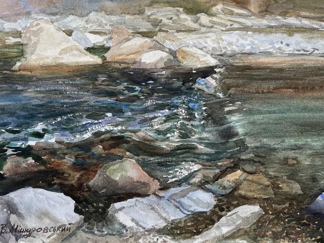 Watercolor painting Stormy stream V. Mishurovsky: Title: Watercolor painting Stormy stream V. Mishurovsky Description: No207 "Stormy Stream" by Viktor Myshurovsky captures the dynamic and energetic movement of a mountain stream in full flow. The pain