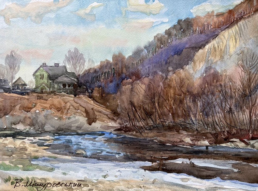 Watercolor painting Winter rod V. Mishurovsky: Title: Watercolor painting Winter rod V. Mishurovsky Description: No208 "Winter Rod" by Viktor Myshurovsky is a serene depiction of a peaceful winter landscape, showcasing a quiet village nestled besi