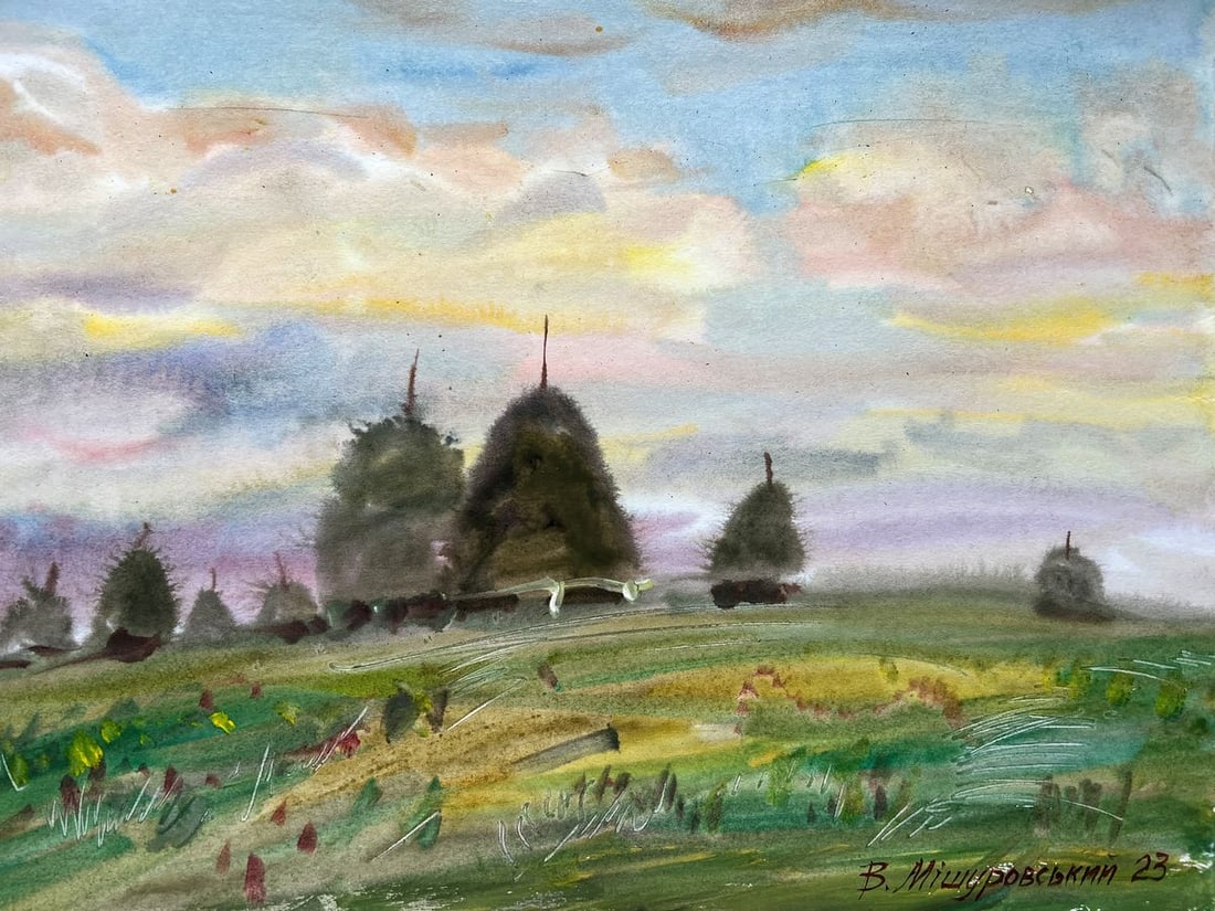 Gouache painting Evening on the levada V. Mishurovsky: Title: Gouache painting Evening on the levada V. Mishurovsky Description: No214 "Evening on the Levada" by Viktor Myshurovsky beautifully captures the serene and tranquil atmosphere of a countryside e