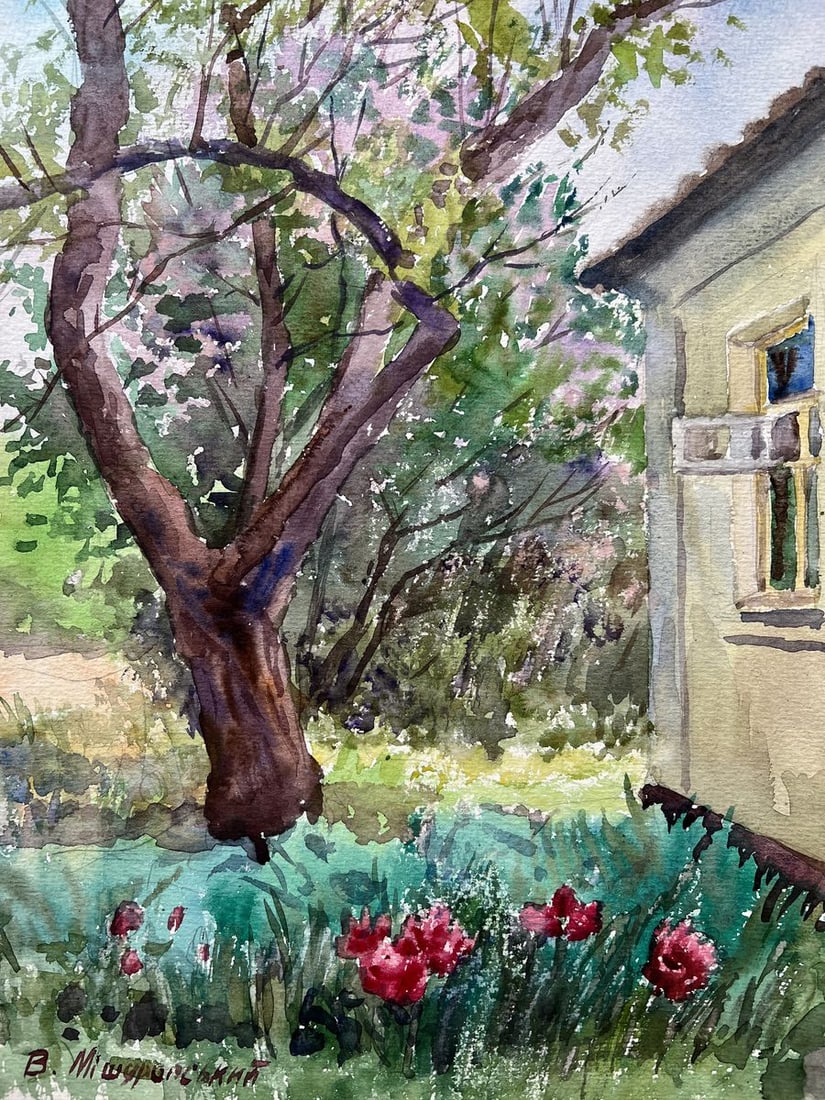 Watercolor painting Spring in the yard V. Mishurovsky: Title: Watercolor painting Spring in the yard V. Mishurovsky Description: No215 "Spring in the Yard" by Viktor Myshurovsky is a vibrant and refreshing depiction of a springtime scene in a quaint, rura