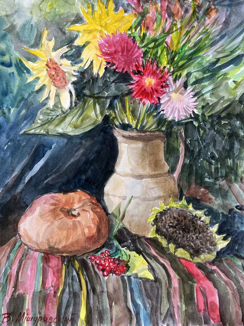 Watercolor painting Still life with dreams V. Mishurovsky: Title: Watercolor painting Still life with dreams V. Mishurovsky Description: No220 "Still Life with Dreams" by Viktor Myshurovsky is a vibrant and evocative composition that captures the essence of n