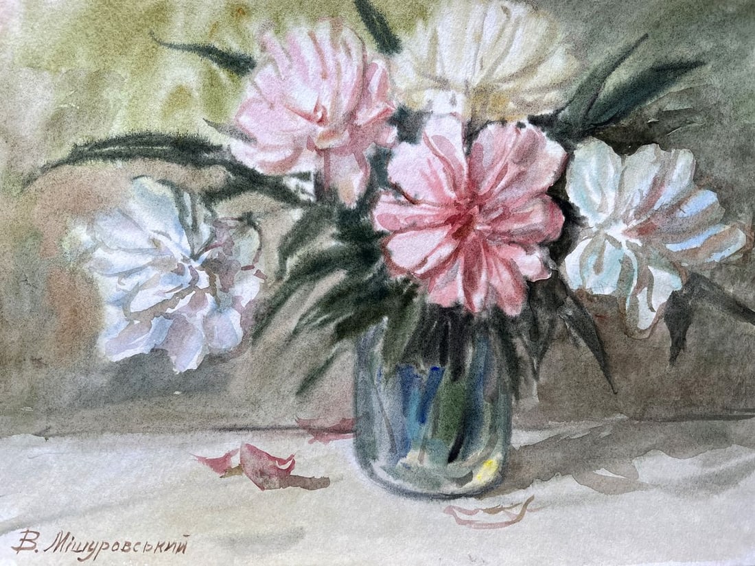 Watercolor painting Peonies V. Mishurovsky: Title: Watercolor painting Peonies V. Mishurovsky Description: No221 "Peonies," painted by the renowned Ukrainian artist Viktor Myshurovsky, is a delicate and intimate portrayal of one of nature's mos