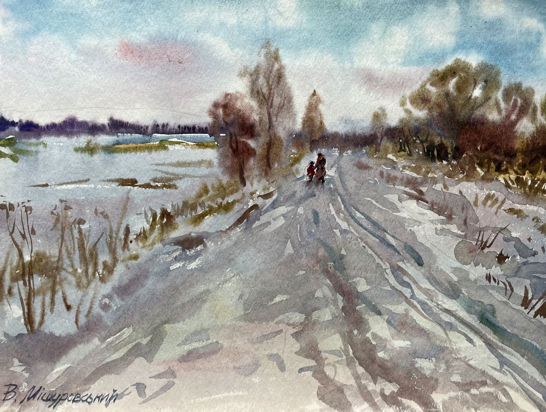 Watercolor painting Winter road V. Mishurovsky: Title: Watercolor painting Winter road V. Mishurovsky Description: No222 "Winter Road" by Viktor Myshurovsky is a serene and evocative depiction of a quiet, snow-covered path that winds its way throug