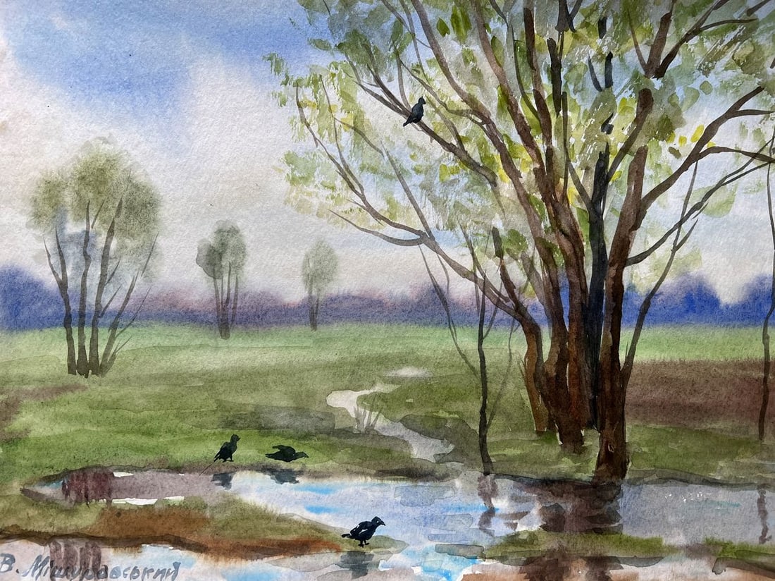 Watercolor painting Beautiful memories V. Mishurovsky: Title: Watercolor painting Beautiful memories V. Mishurovsky Description: No223 "Beautiful Memories" by Viktor Myshurovsky is a serene and reflective painting that captures the peaceful essence of a q