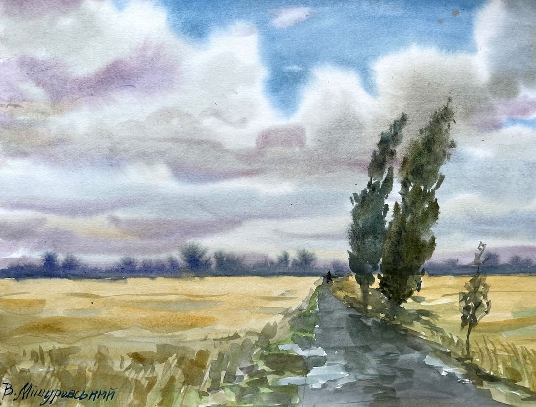 Watercolor painting Windy day in summer V. Mishurovsky: Title: Watercolor painting Windy day in summer V. Mishurovsky Description: No229 "Windy Day in Summer" by Viktor Myshurovsky captures the essence of a breezy day in the countryside. The painting depic