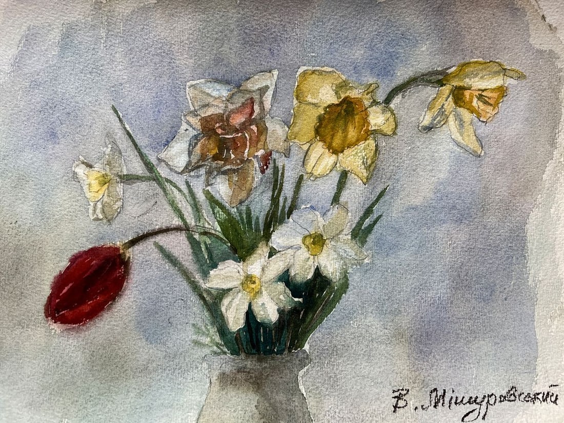 Watercolor painting Spring bouquet V. Mishurovsky: Title: Watercolor painting Spring bouquet V. Mishurovsky Description: No232 In "Spring Bouquet," Viktor Myshurovsky captures the essence of spring's renewal through a delicate arrangement of flowers.