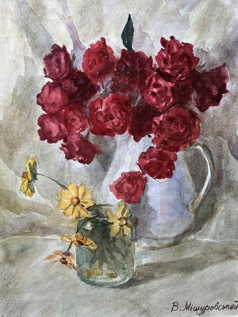 Watercolor painting Bouquet of red and yellow V. Mishurovsky: Title: Watercolor painting Bouquet of red and yellow V. Mishurovsky Description: No238 In "Bouquet of Red and Yellow," Viktor Myshurovsky captures the delicate interplay between two contrasting yet co