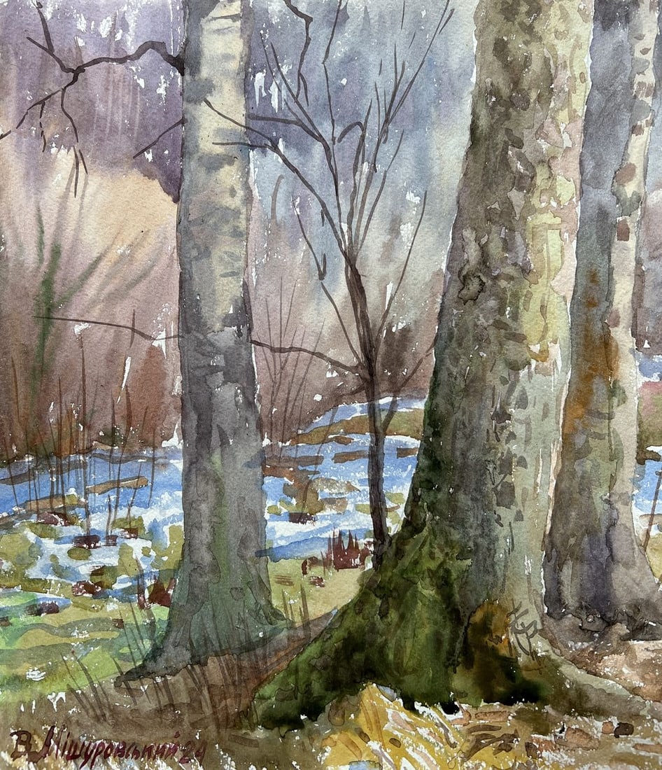Watercolor painting Until spring V. Mishurovsky: Title: Watercolor painting Until spring V. Mishurovsky Description: No241 In "Until Spring," Viktor Myshurovsky beautifully captures the quiet, contemplative atmosphere of a forest in late winter, on