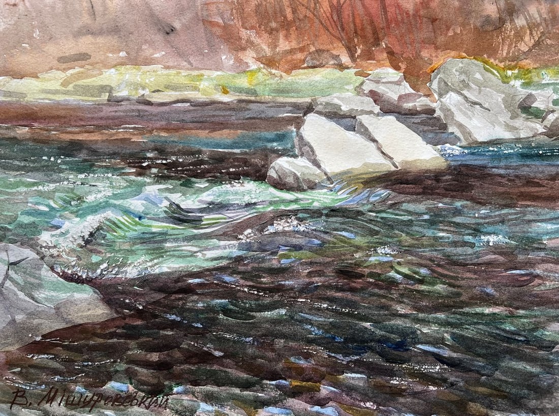 Watercolor painting Dark waters V. Mishurovsky: Title: Watercolor painting Dark waters V. Mishurovsky Description: No242 In "Dark Waters," Viktor Myshurovsky captures the raw, untamed energy of a rushing stream, highlighting the dynamic interplay b