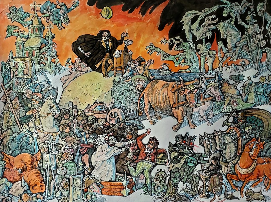 Watercolor painting Gogol and his heroes Daniil Litvinov: Title: Watercolor painting Gogol and his heroes Daniil Litvinov Description: NoLitv 1192 *** ABOUT THIS PAINTING *** * TITLE: "Gogol and his heroes" * ARTISTS: Daniil Litvinov * SIZE: 75x57 cm/'29.52x