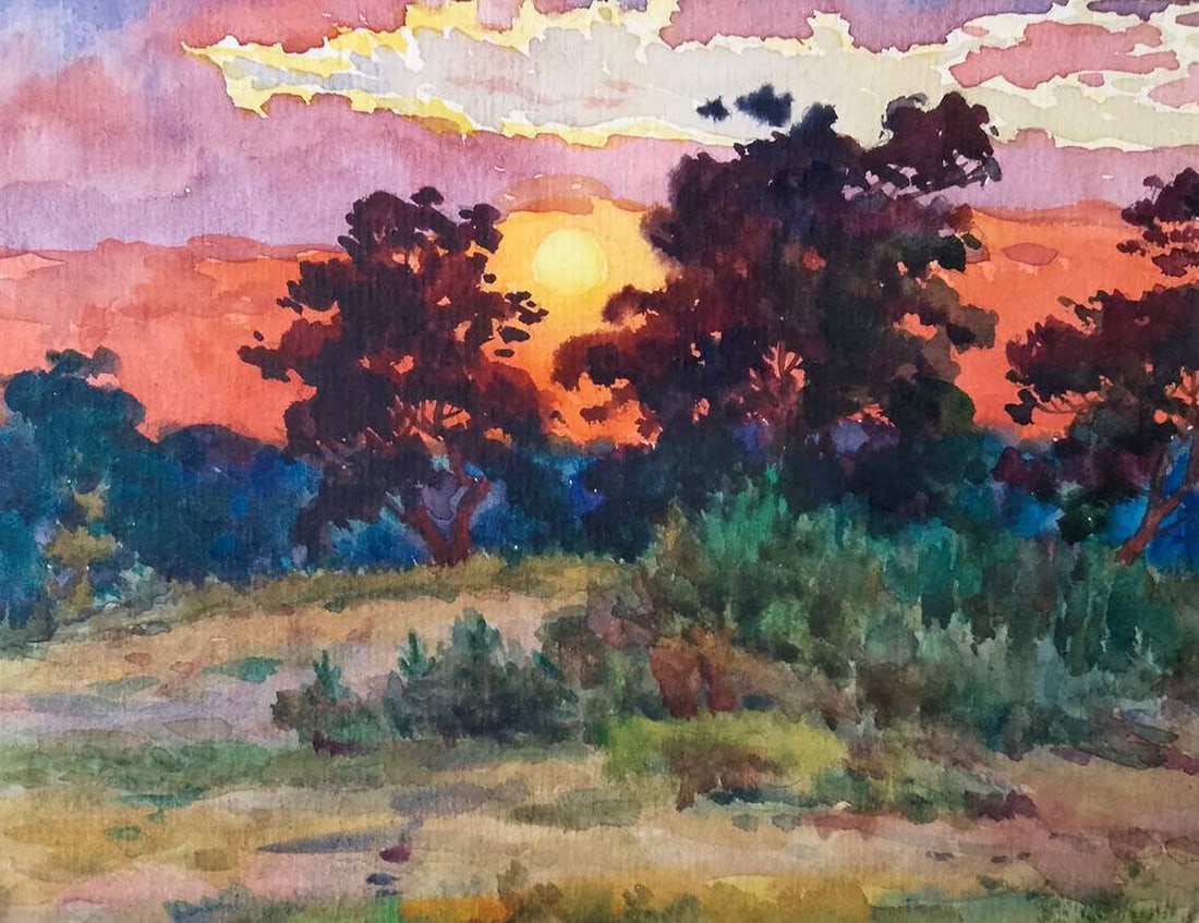 Watercolor painting Watching the sunset Vitaly Duhnevich: Title: Watercolor painting Watching the sunset Vitaly Duhnevich Description: NoDuhn 61 "Watching the Sunset" by Vitaly Duhnevich captures the breathtaking, fleeting moment when the world is bathed