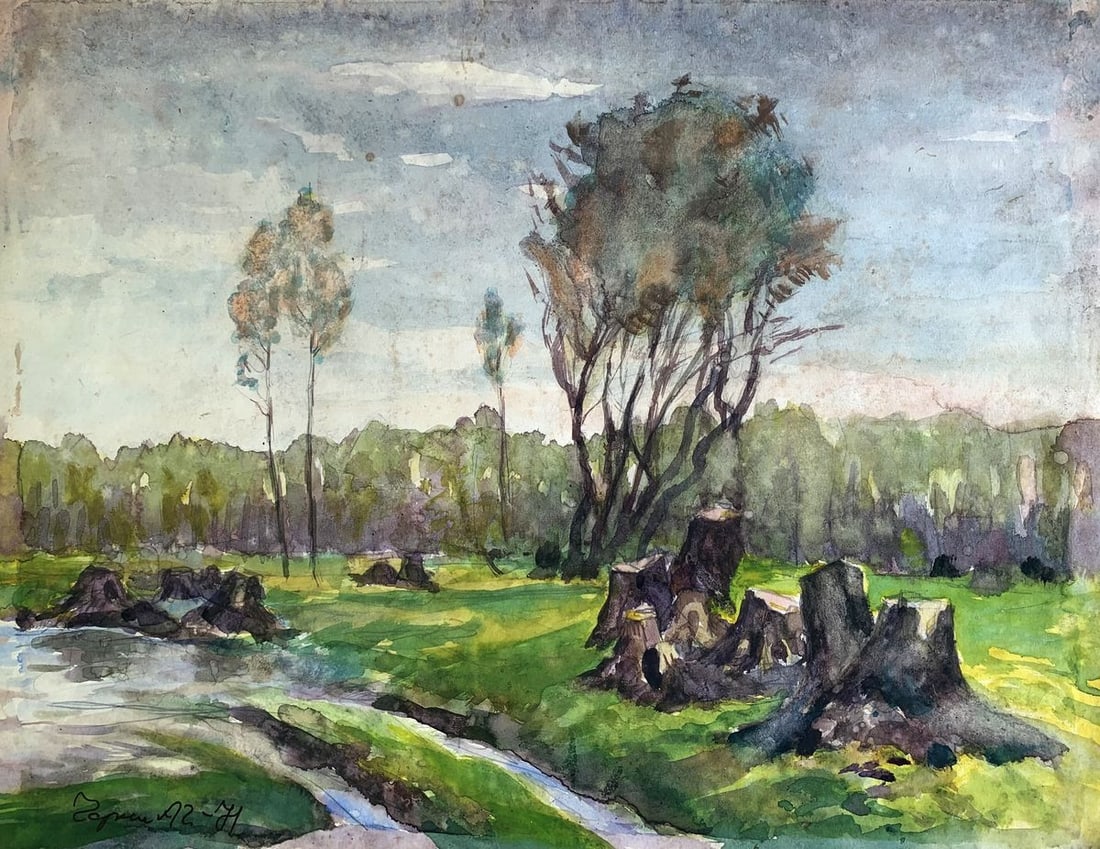 Watercolor painting Stump road A. G. Cherkas: Title: Watercolor painting Stump road A. G. Cherkas Description: No1279 *** ABOUT THIS PAINTING *** * TITLE: "Stump road" * ARTISTS: A. G. Cherkas * SIZE: 39?51 cm/'15.35?20.07 inches' * MEDIUM: