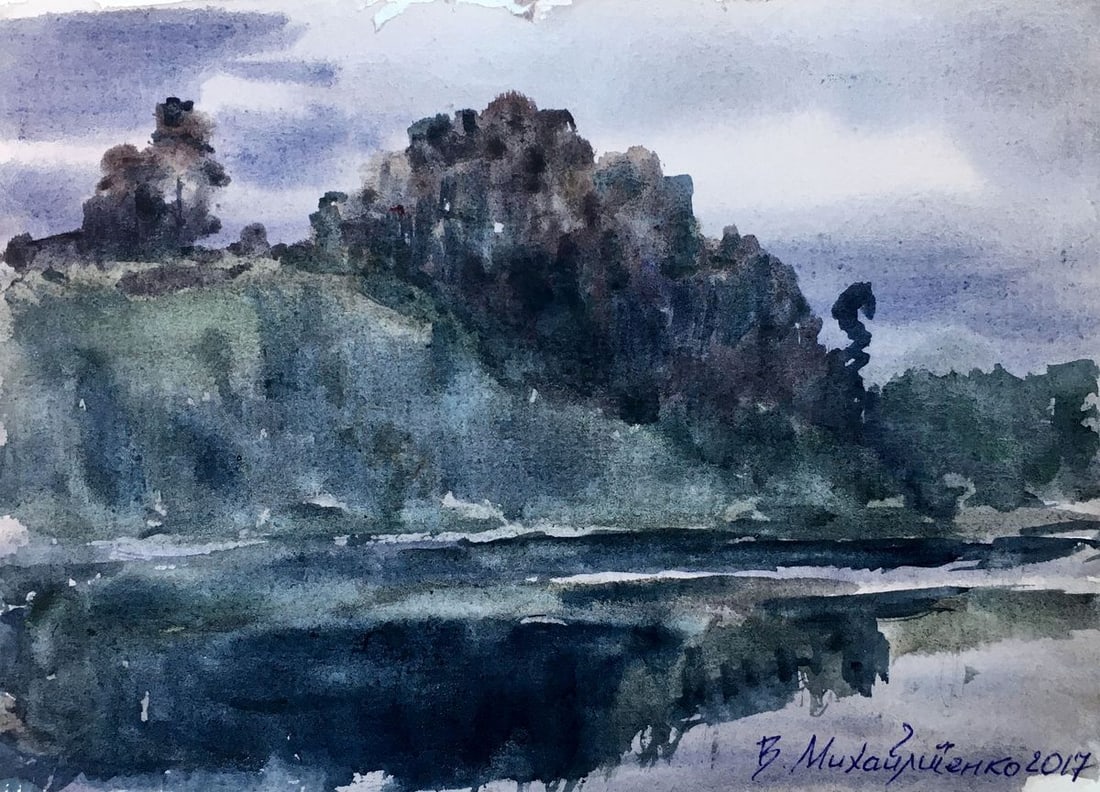 Watercolor painting Twilight by the river Viktor Mikhailichenko: Title: Watercolor painting Twilight by the river Viktor Mikhailichenko Description: No1344 *** ABOUT THIS PAINTING *** * TITLE: "Twilight by the river" * ARTISTS: Viktor Mikhailichenko * SIZE: 14.5x19