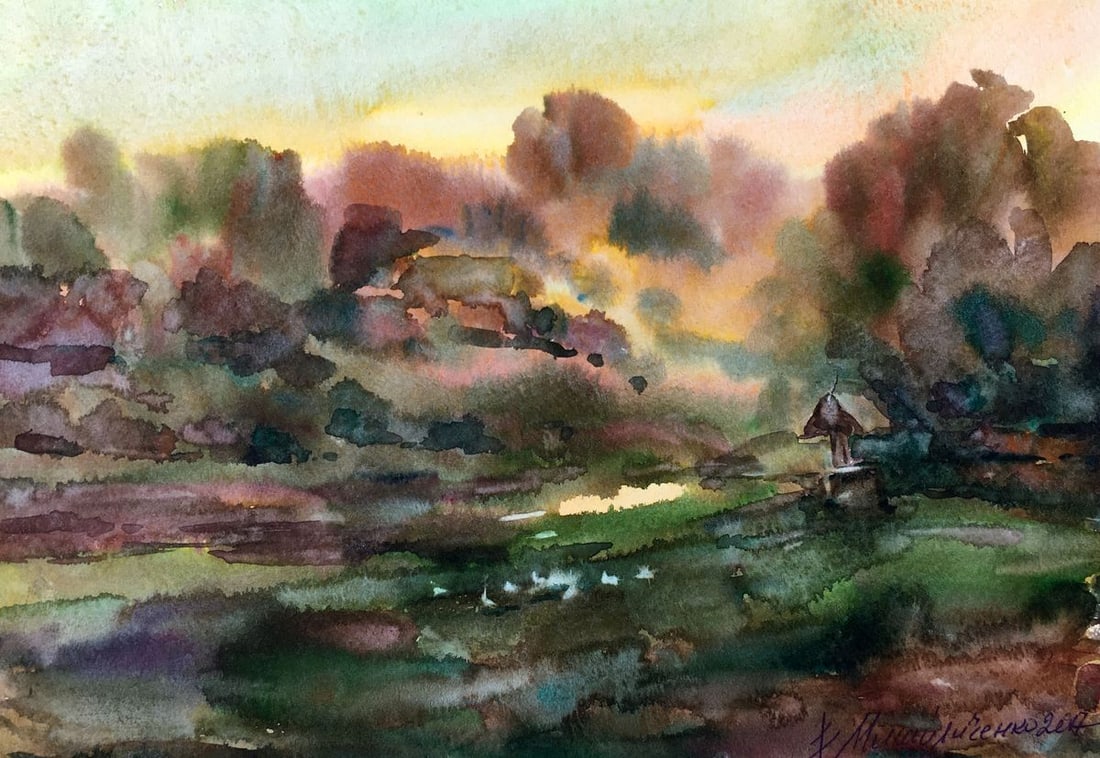 Watercolor painting Rural landscape Viktor Mikhailichenko: Title: Watercolor painting Rural landscape Viktor Mikhailichenko Description: No1354 *** ABOUT THIS PAINTING *** * TITLE: "Rural landscape" * ARTISTS: Viktor Mikhailichenko * SIZE: 21x29.5 cm/'8.26?11