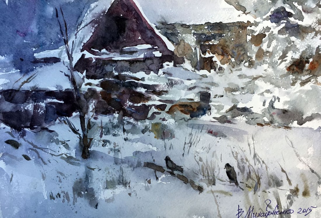 Watercolor painting With first snow Viktor Mikhailichenko: Title: Watercolor painting With first snow Viktor Mikhailichenko Description: No1364 *** ABOUT THIS PAINTING *** * TITLE: "With first snow" * ARTISTS: Viktor Mikhailichenko * SIZE: 21.5x31 cm/'8.46?12