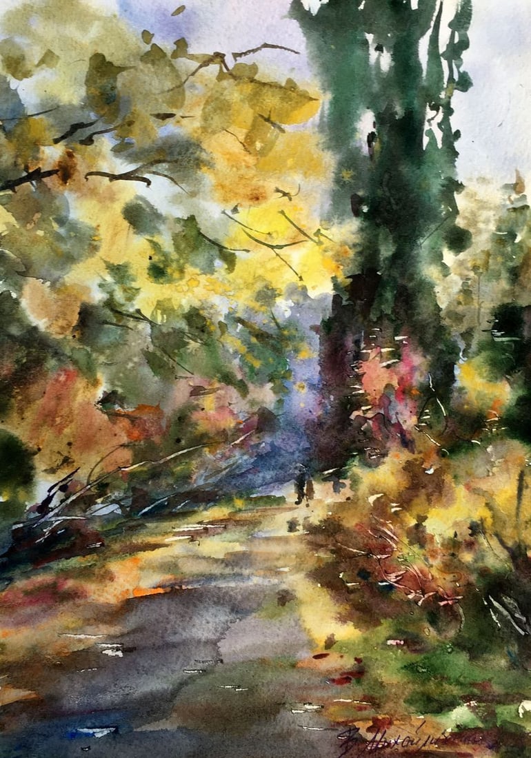 Watercolor painting With first snow Viktor Mikhailichenko: Title: Watercolor painting With first snow Viktor Mikhailichenko Description: No1365 *** ABOUT THIS PAINTING *** * TITLE: "Golden Road" * ARTISTS: Viktor Mikhailichenko * SIZE: 30?21 cm/'11.81?8.26 in