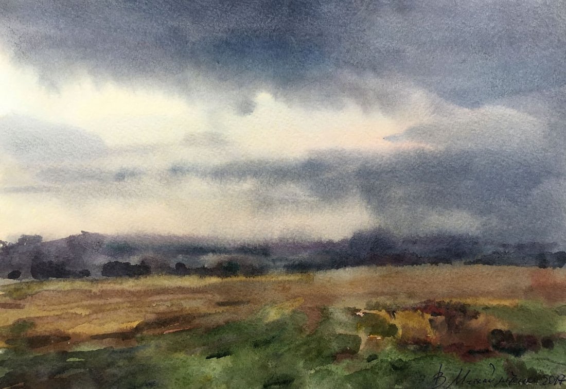 Watercolor painting In a field before a thunderstorm Viktor Mikhailichenko: Title: Watercolor painting In a field before a thunderstorm Viktor Mikhailichenko Description: No1379 *** ABOUT THIS PAINTING *** * TITLE: "In a field before a thunderstorm" * ARTISTS: Viktor Mikhaili